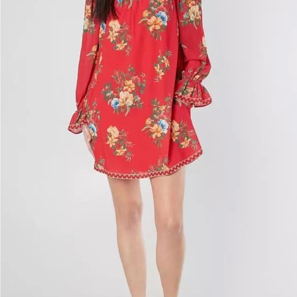 Flying Tomato Boho Chic Red Floral Off Shoulder Ruffled Bell Sleeve Dress Size L - Picture 3 of 9